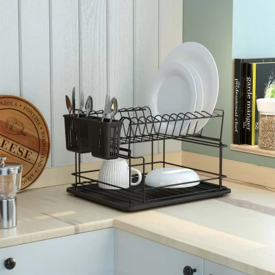 Dish Drainer Two Tiers, Foldable with Cutlery and Tray