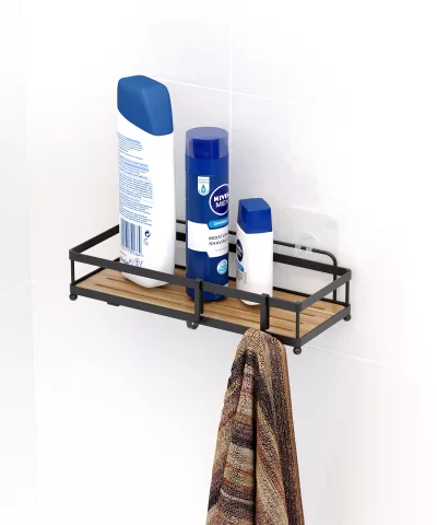 ST180 Adhesive Shower Caddy, No Drilling Shower Organizer for Inside Shower & Kitchen Storage with Wood Design ABS and Double Hooks