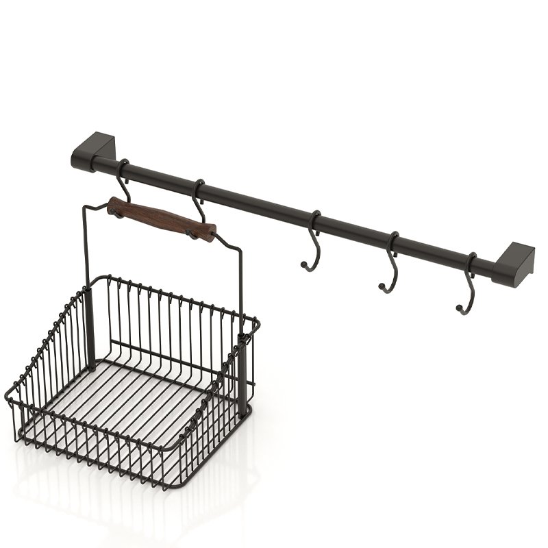 MG058B Kitchen Rail Set, 60 Cm Tube with 3 Hooks and Basket