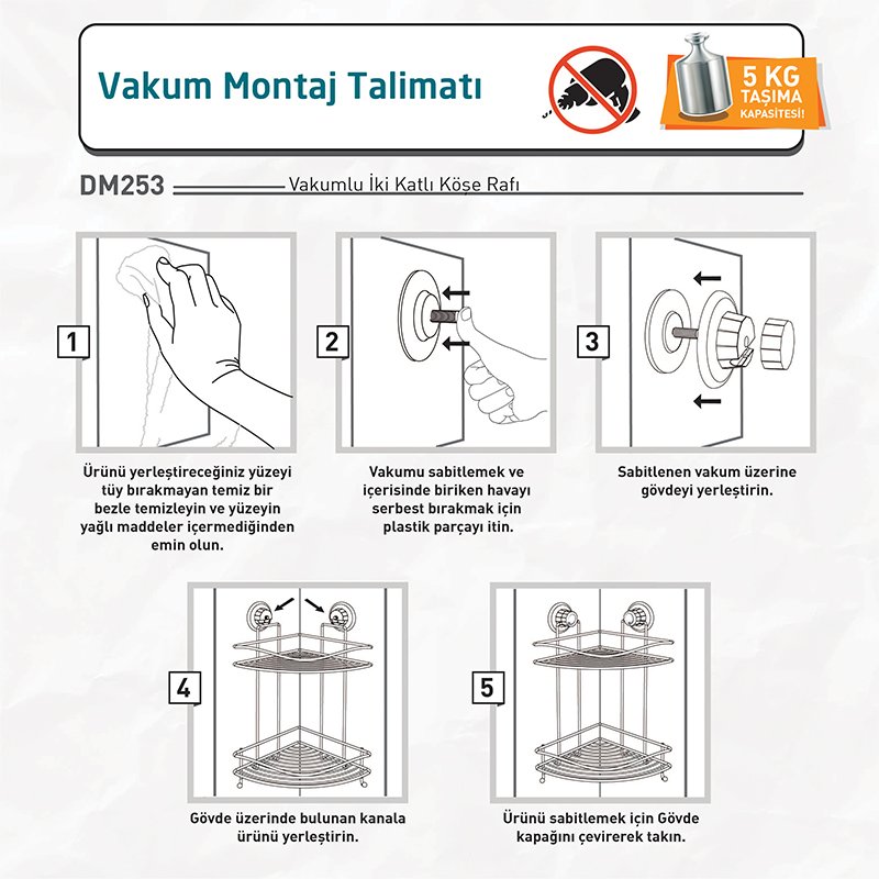 DM253 2 Tier Bath Corner Shelf with Hook and Suction Cup