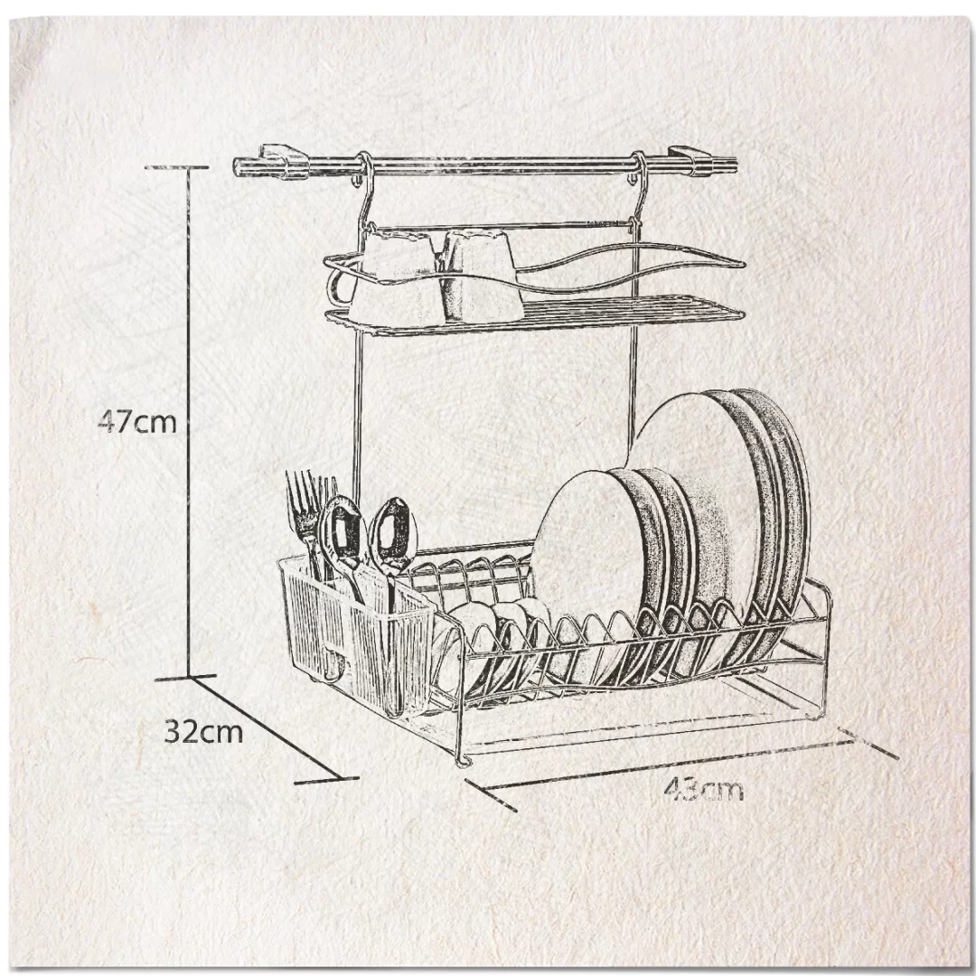 KB013 Dish Drainer Two Tiers, Wall Mounted with Cutlery, Tray and Hanging Bar