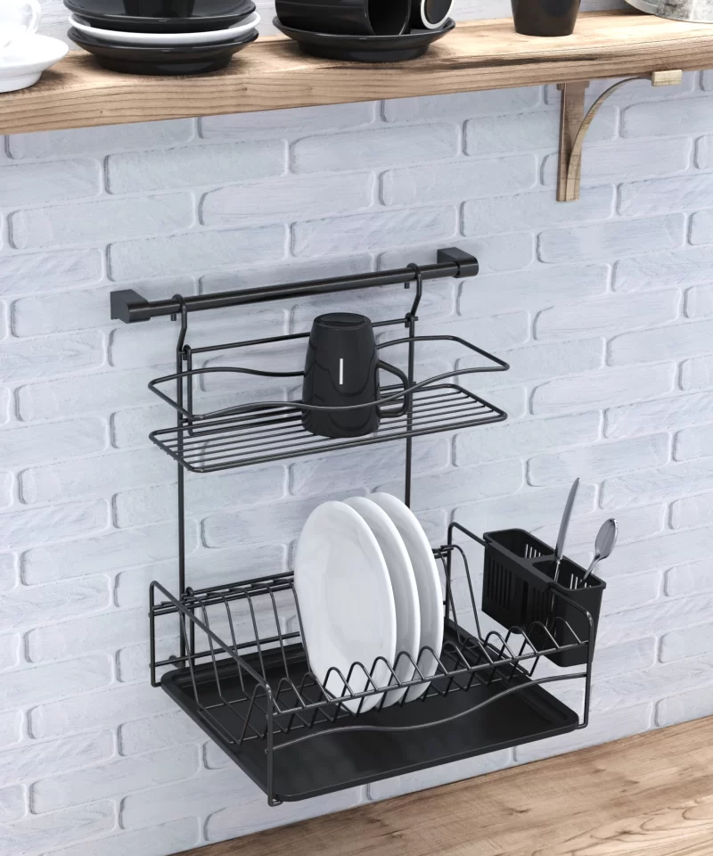 KB013 Dish Drainer Two Tiers, Wall Mounted with Cutlery, Tray and Hanging Bar