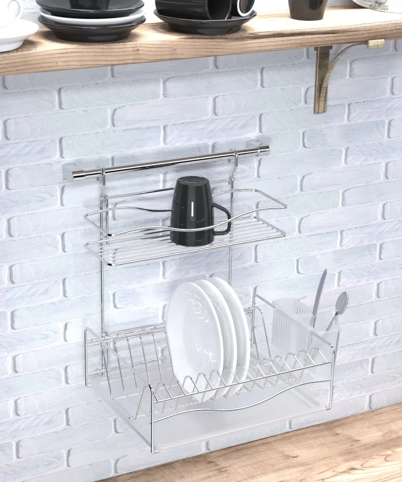 KB013 Dish Drainer Two Tiers, Wall Mounted with Cutlery, Tray and Hanging Bar