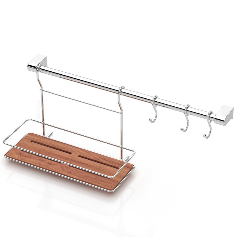 MG054 Kitchen Rail Set, 60 Cm Tube with 3 Hooks and Water Proof Wood