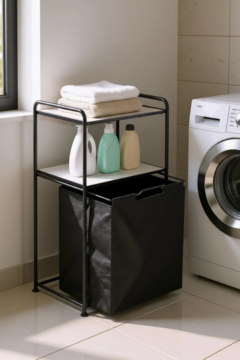 MG100 2 Tier Foldable Wood Shelf Laundry Basket