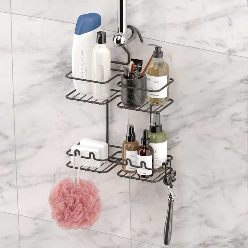 TEKNOTEL Shower Caddy Bathroom Organizer Extra Wide Rack with Hooks
