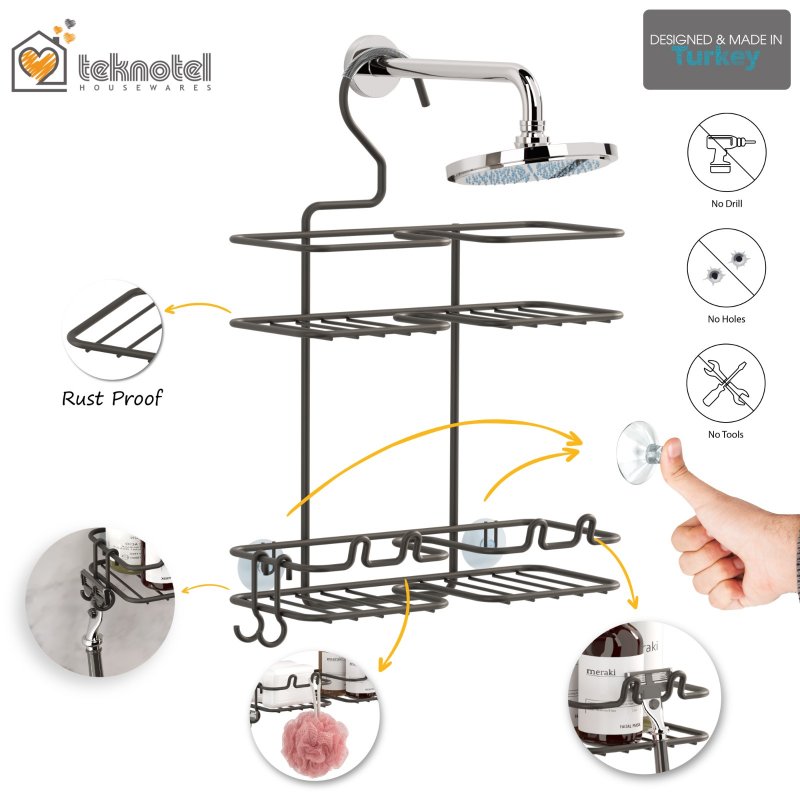 TEKNOTEL Shower Caddy Bathroom Organizer Extra Wide Rack with Hooks