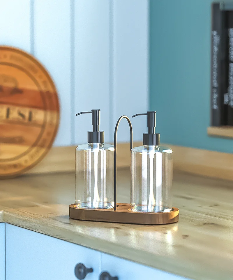 EG403 2 Soap Dispensers with Wood Stand