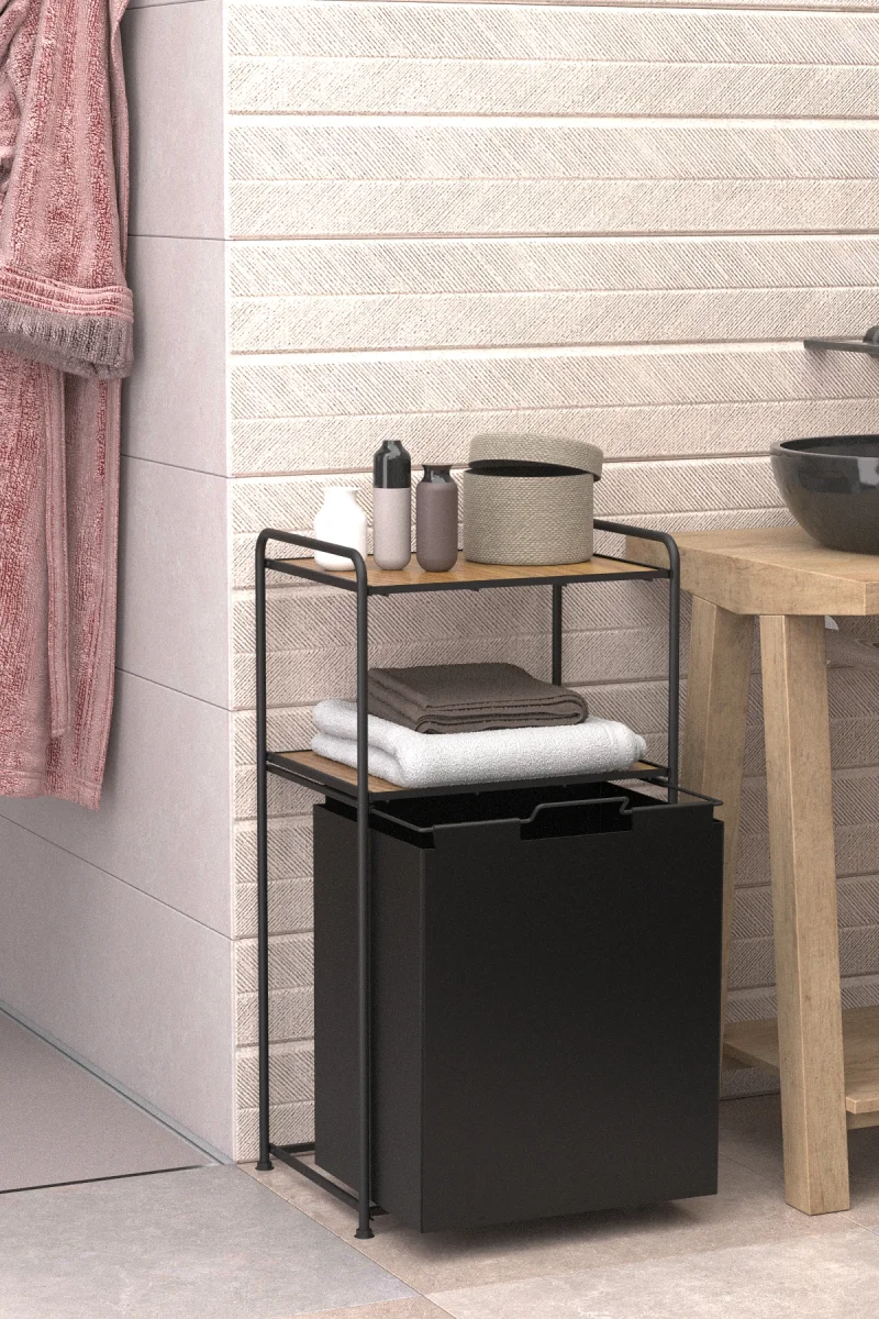 MG100 2 Tier Foldable Wood Shelf Laundry Basket