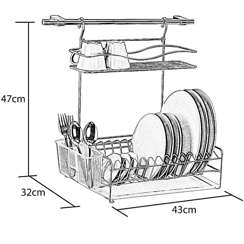 KB013G 2 Tier Dish Drainer with Cutlery, Tray and 40 cm Rail