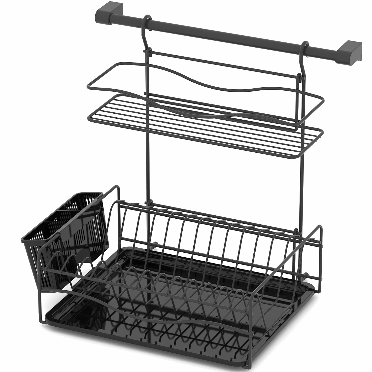 KB013 Dish Drainer Two Tiers, Wall Mounted with Cutlery, Tray and Hanging Bar