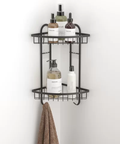 ST307 2 Tier Corner Shower Caddy with Hooks & Self Adhesive Sticker