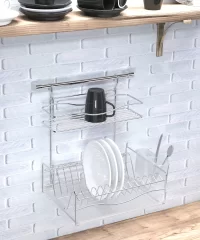 KB013 Dish Drainer Two Tiers, Wall Mounted with Cutlery, Tray and Hanging Bar
